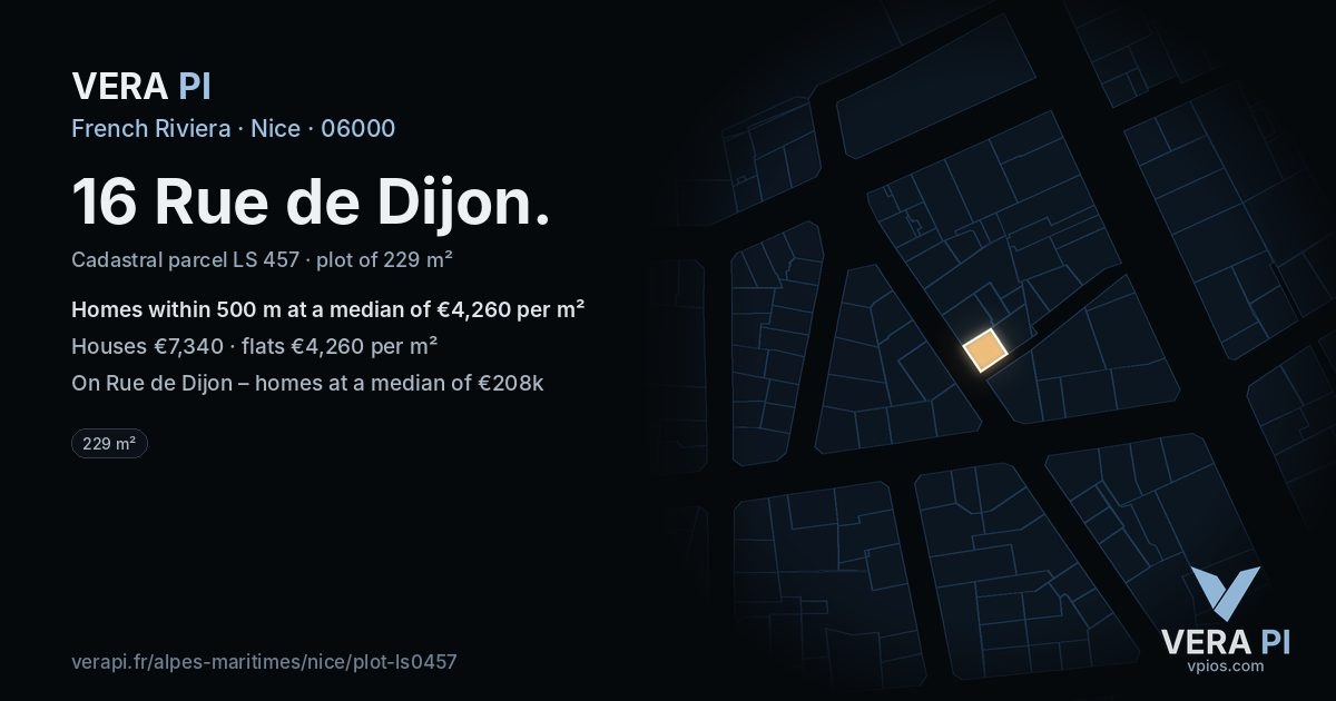 16 Rue de Dijon, Nice at night – the plot lit, the parcels around coloured by the prices near them