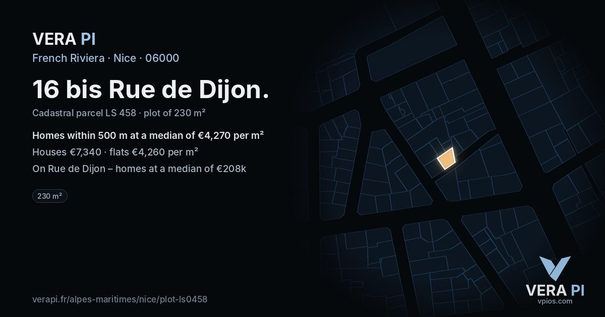 16 bis Rue de Dijon, Nice at night – the plot lit, the parcels around coloured by the prices near them