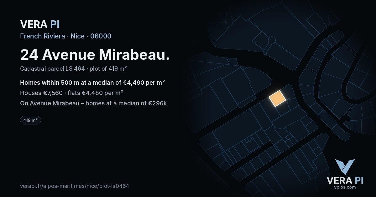 24 Avenue Mirabeau, Nice at night – the plot lit, the parcels around coloured by the prices near them