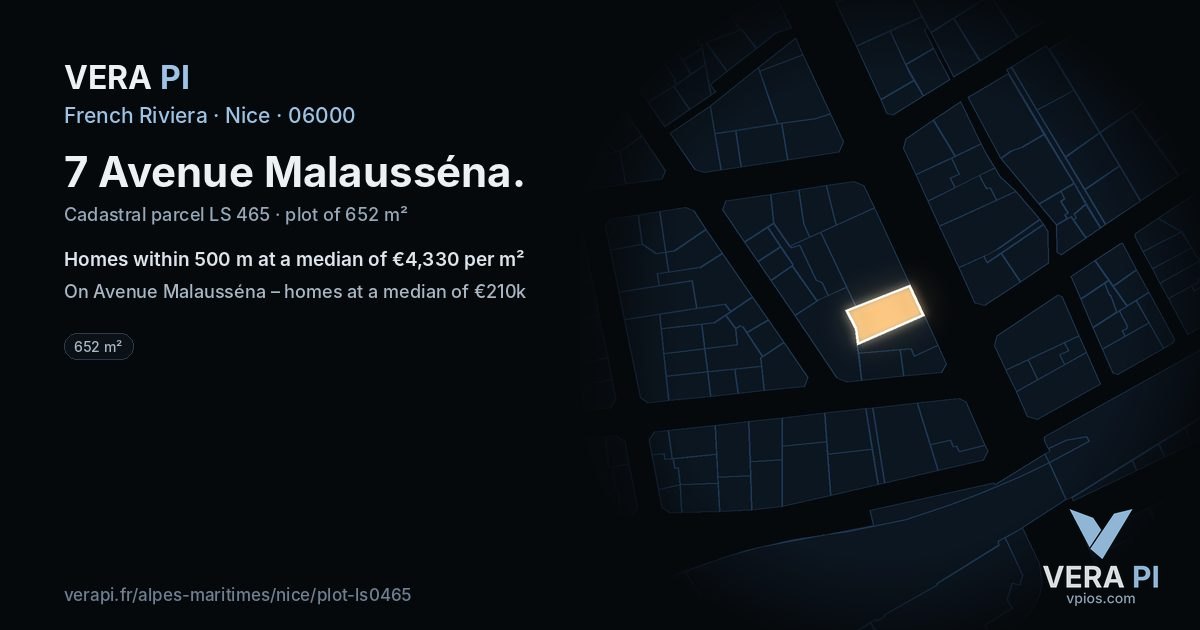 7 Avenue Malausséna, Nice at night – the plot lit, the parcels around coloured by the prices near them