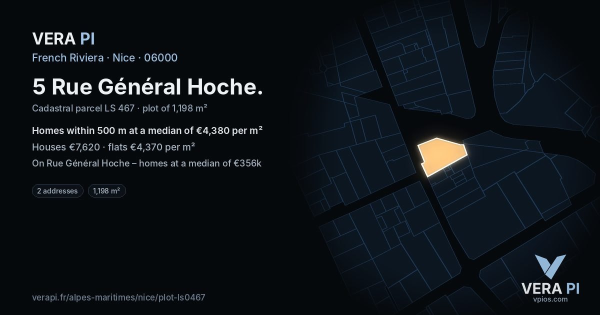 5 Rue Général Hoche, Nice at night – the plot lit, the parcels around coloured by the prices near them