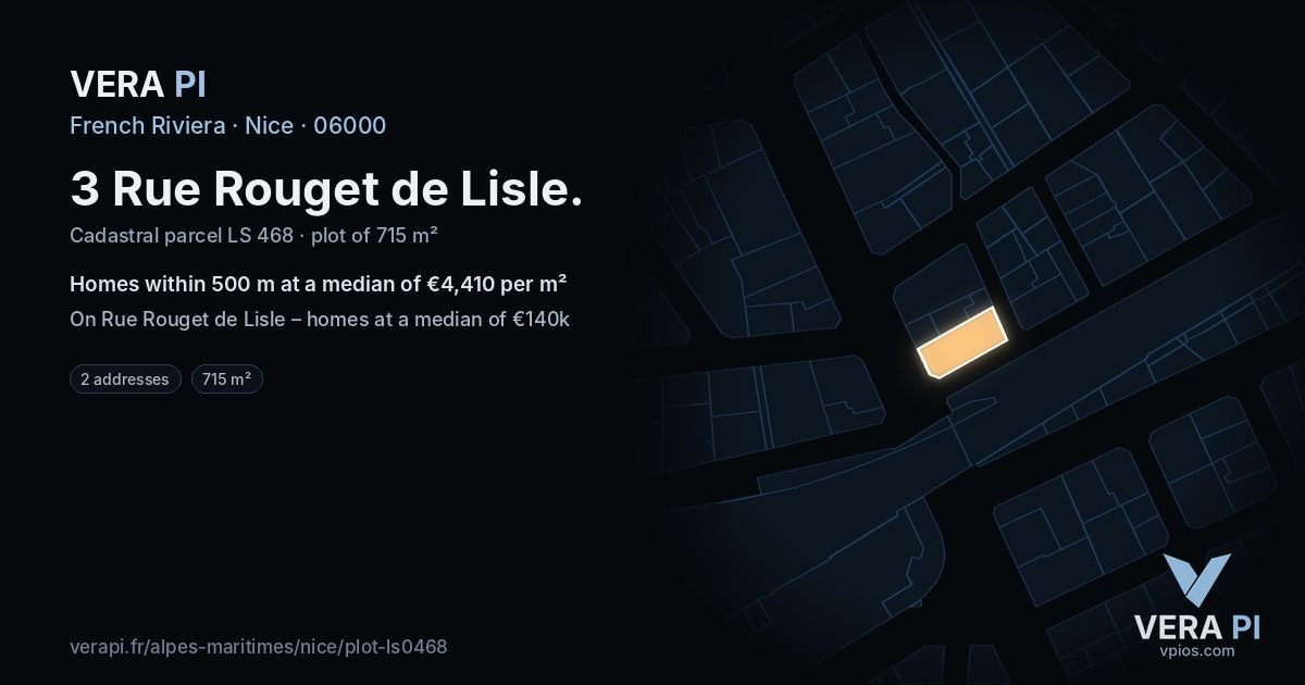 3 Rue Rouget de Lisle, Nice at night – the plot lit, the parcels around coloured by the prices near them