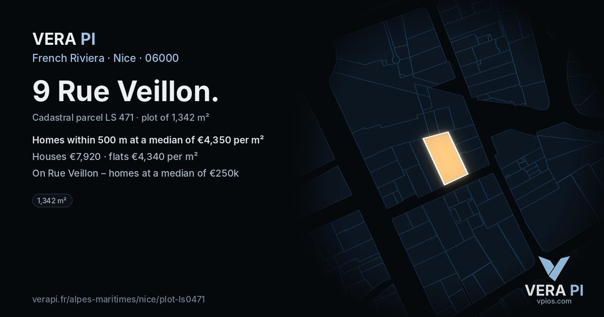 9 Rue Veillon, Nice at night – the plot lit, the parcels around coloured by the prices near them