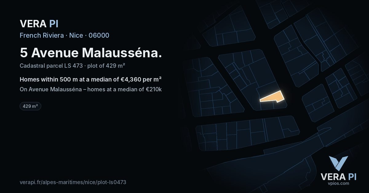 5 Avenue Malausséna, Nice at night – the plot lit, the parcels around coloured by the prices near them