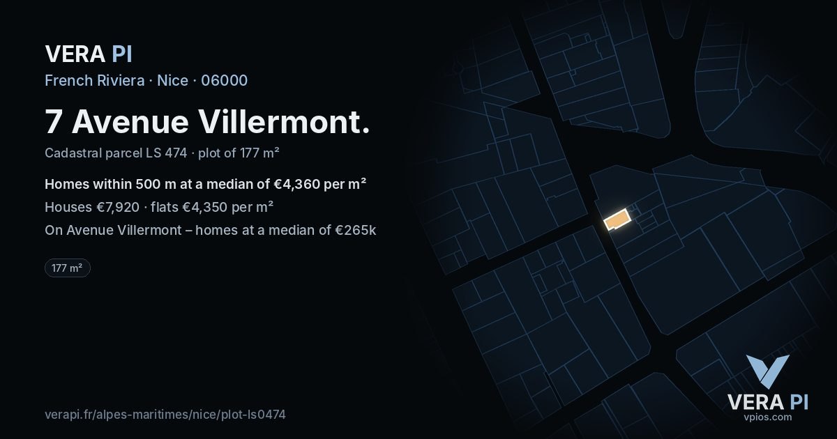 7 Avenue Villermont, Nice at night – the plot lit, the parcels around coloured by the prices near them