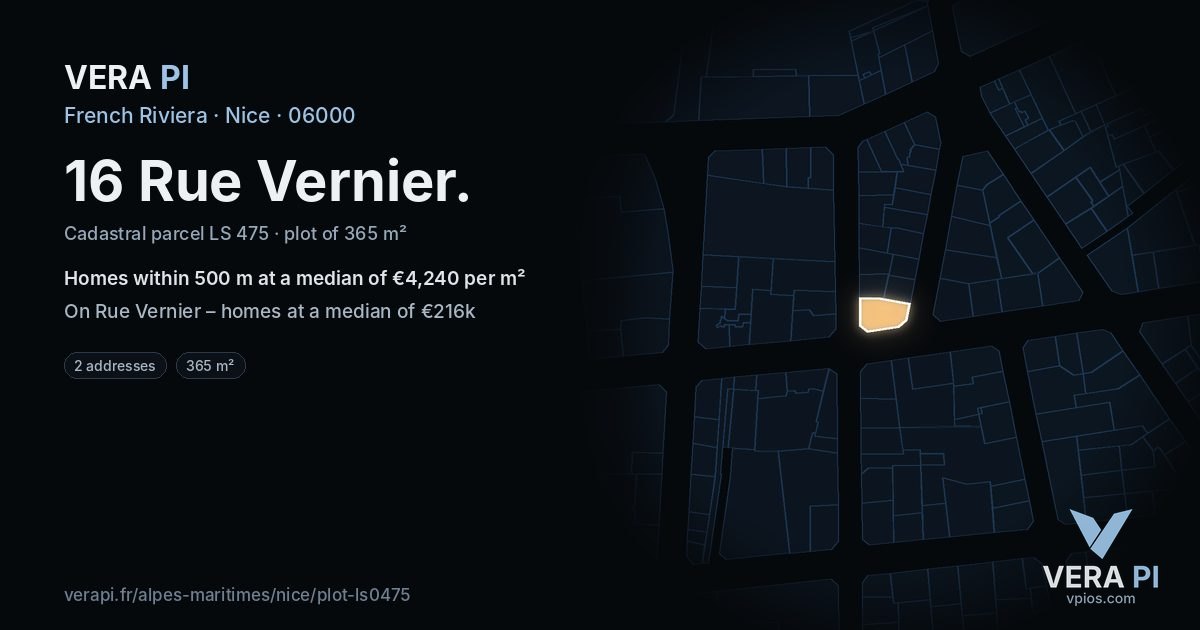 16 Rue Vernier, Nice at night – the plot lit, the parcels around coloured by the prices near them