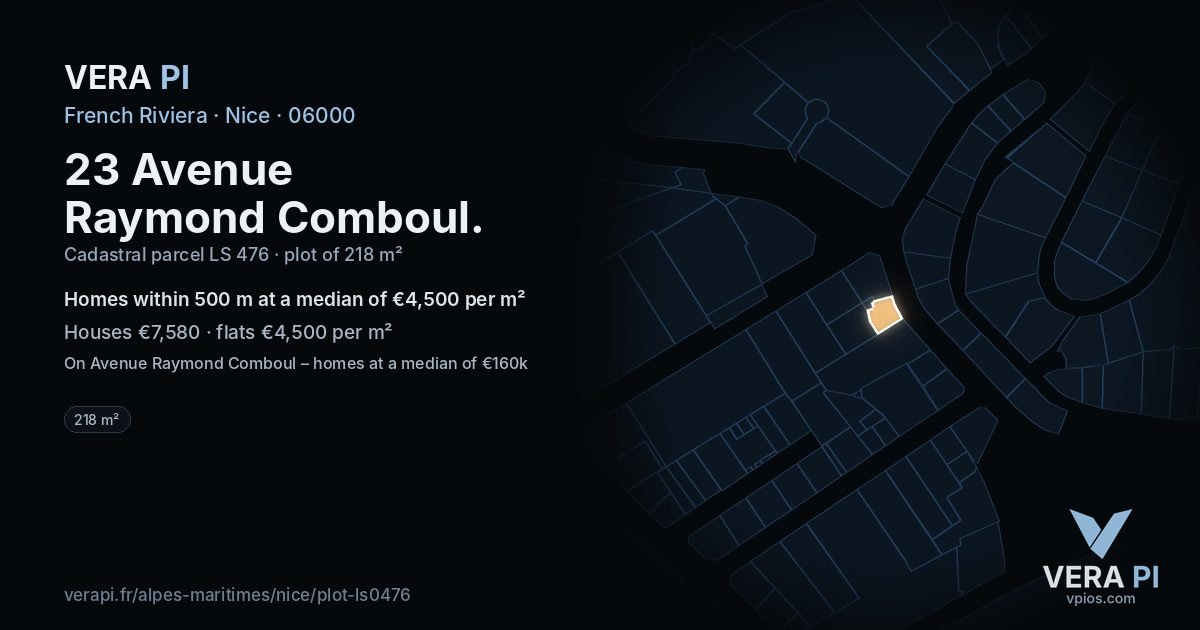 23 Avenue Raymond Comboul, Nice at night – the plot lit, the parcels around coloured by the prices near them