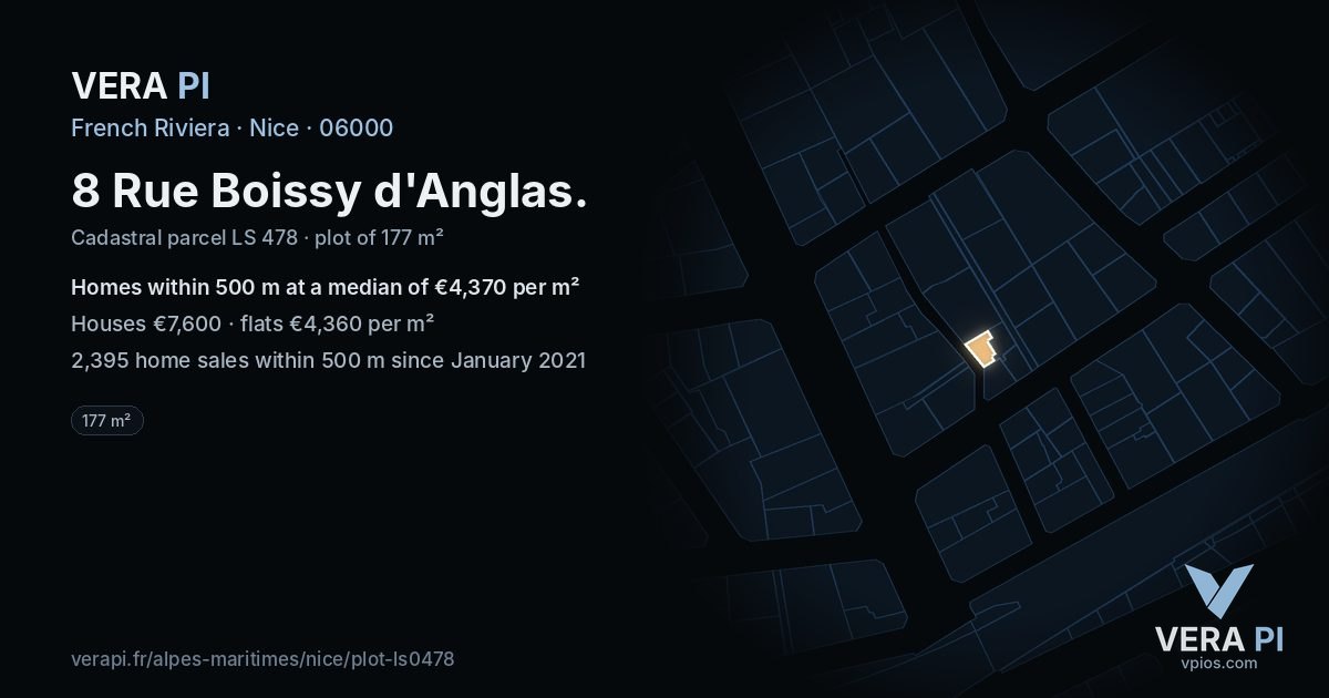 8 Rue Boissy d'Anglas, Nice at night – the plot lit, the parcels around coloured by the prices near them