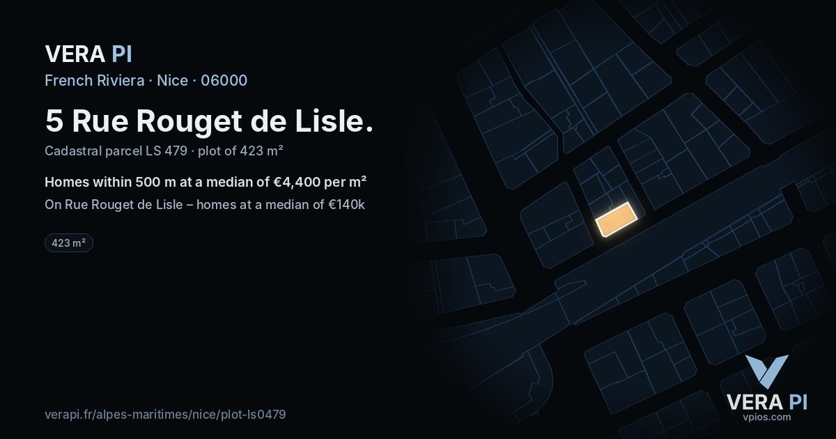 5 Rue Rouget de Lisle, Nice at night – the plot lit, the parcels around coloured by the prices near them
