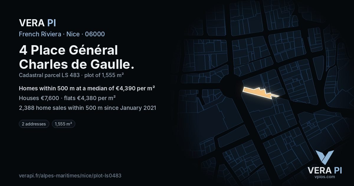 4 Place Général Charles de Gaulle, Nice at night – the plot lit, the parcels around coloured by the prices near them