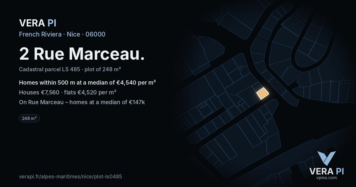 2 Rue Marceau, Nice at night – the plot lit, the parcels around coloured by the prices near them