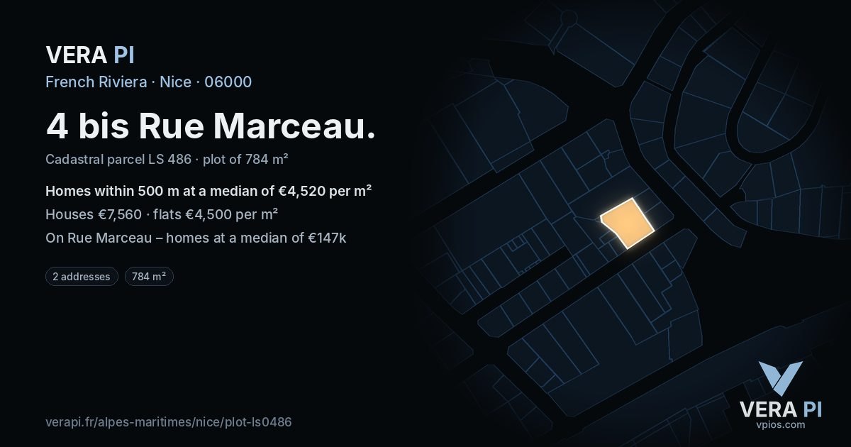 4 bis Rue Marceau, Nice at night – the plot lit, the parcels around coloured by the prices near them