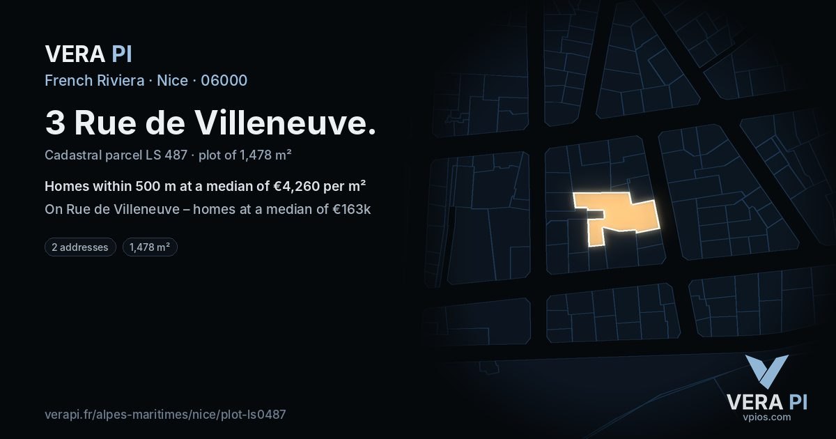 3 Rue de Villeneuve, Nice at night – the plot lit, the parcels around coloured by the prices near them