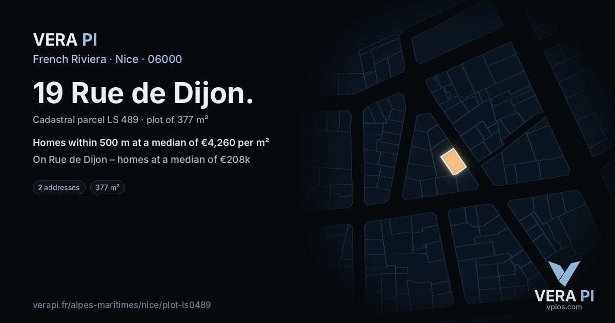 19 Rue de Dijon, Nice at night – the plot lit, the parcels around coloured by the prices near them