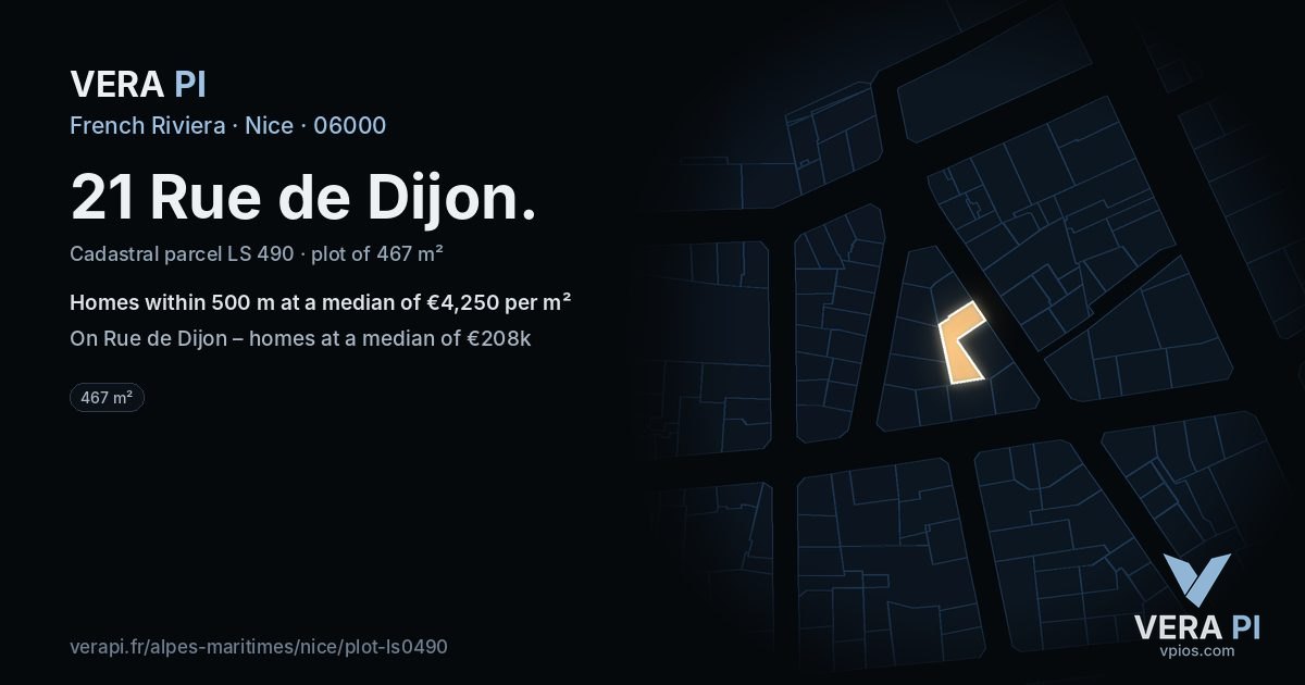 21 Rue de Dijon, Nice at night – the plot lit, the parcels around coloured by the prices near them