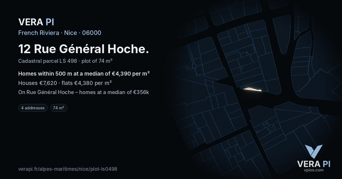 12 Rue Général Hoche, Nice at night – the plot lit, the parcels around coloured by the prices near them