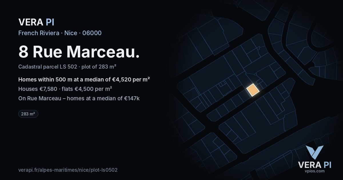 8 Rue Marceau, Nice at night – the plot lit, the parcels around coloured by the prices near them
