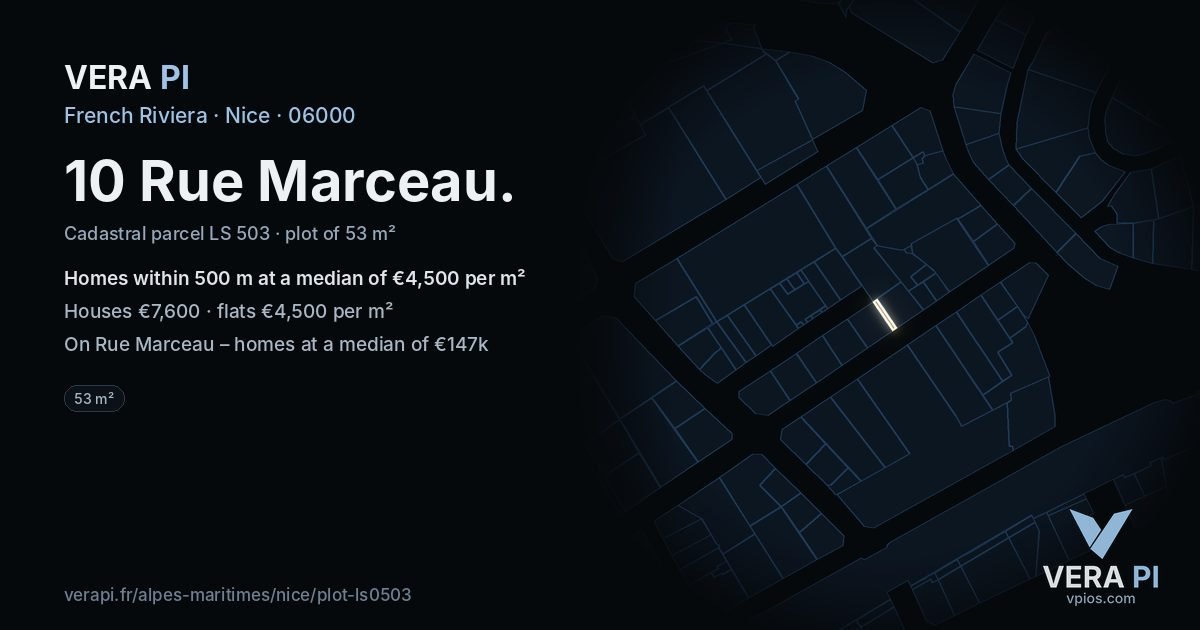 10 Rue Marceau, Nice at night – the plot lit, the parcels around coloured by the prices near them