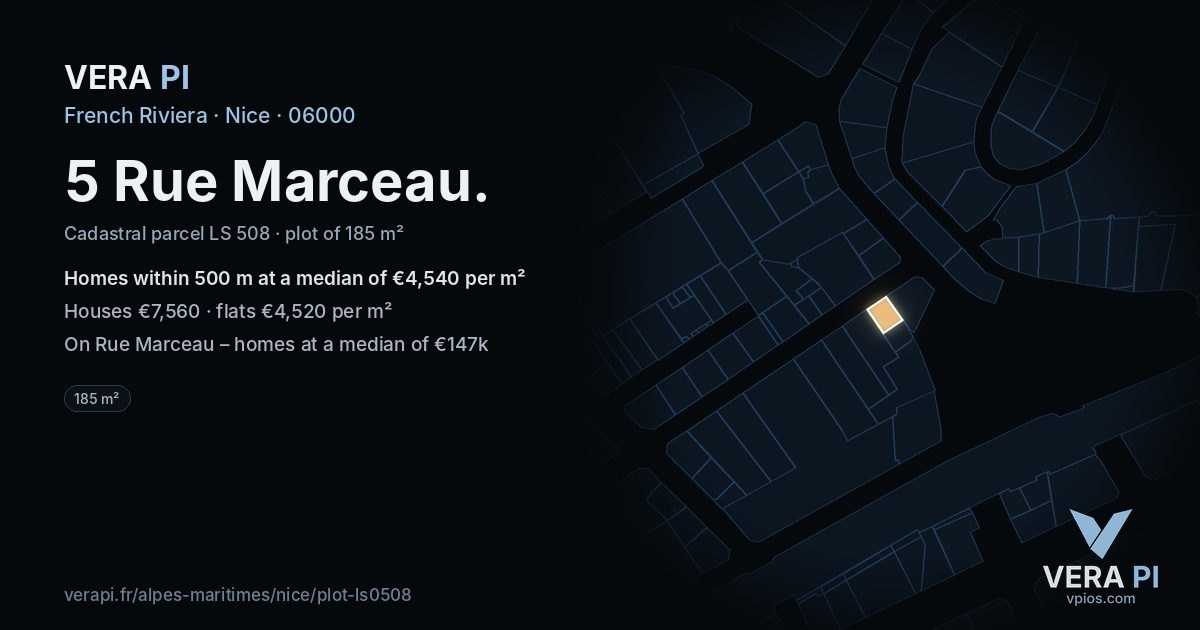 5 Rue Marceau, Nice at night – the plot lit, the parcels around coloured by the prices near them