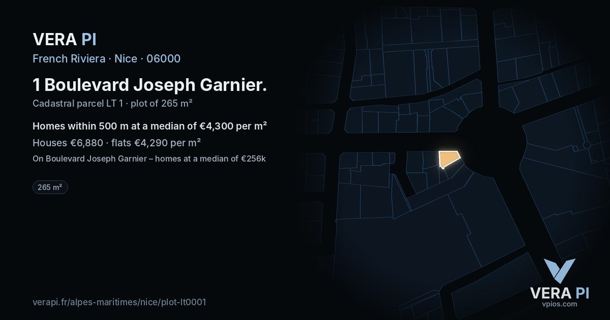 1 Boulevard Joseph Garnier, Nice at night – the plot lit, the parcels around coloured by the prices near them