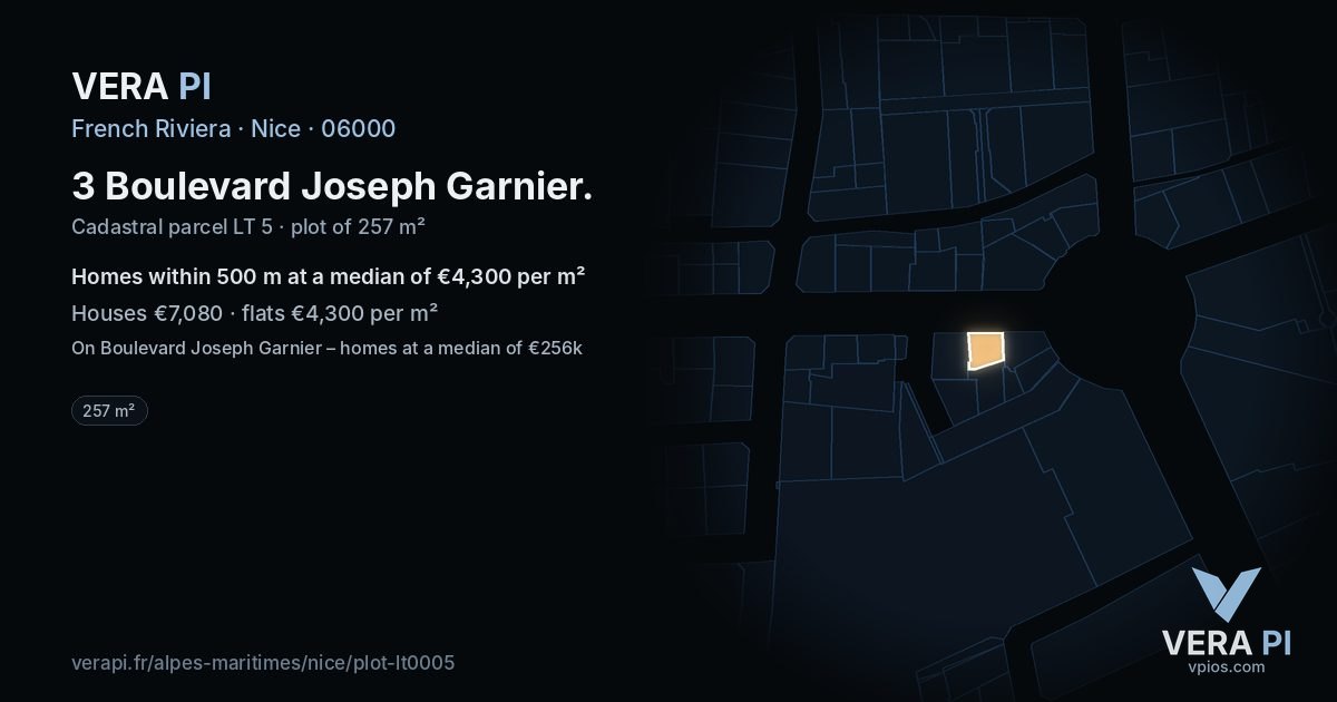 3 Boulevard Joseph Garnier, Nice at night – the plot lit, the parcels around coloured by the prices near them