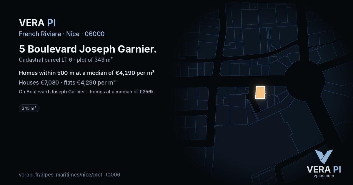 5 Boulevard Joseph Garnier, Nice at night – the plot lit, the parcels around coloured by the prices near them