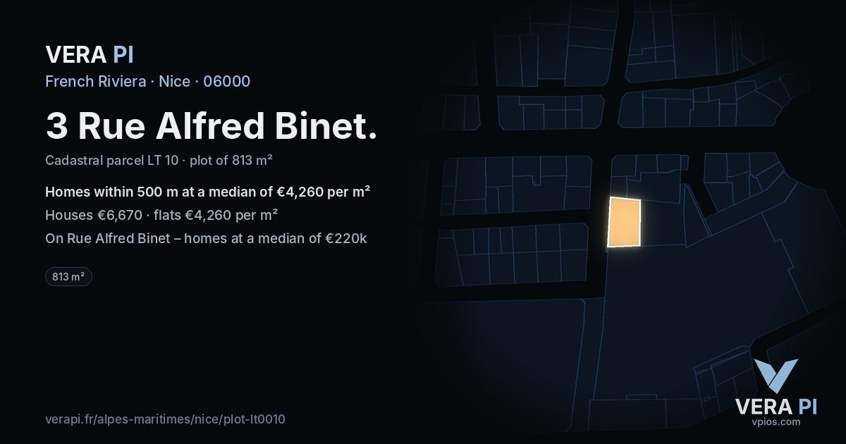 3 Rue Alfred Binet, Nice at night – the plot lit, the parcels around coloured by the prices near them