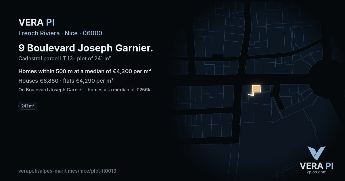 9 Boulevard Joseph Garnier, Nice at night – the plot lit, the parcels around coloured by the prices near them
