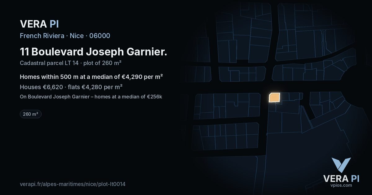 11 Boulevard Joseph Garnier, Nice at night – the plot lit, the parcels around coloured by the prices near them