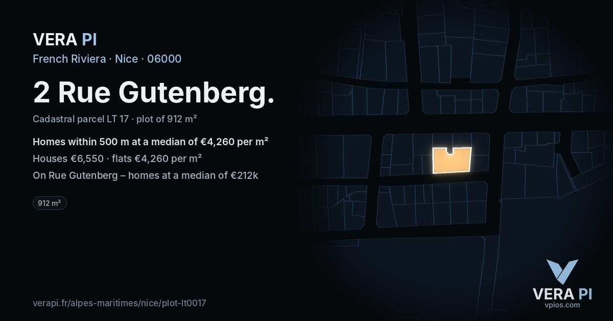 2 Rue Gutenberg, Nice at night – the plot lit, the parcels around coloured by the prices near them