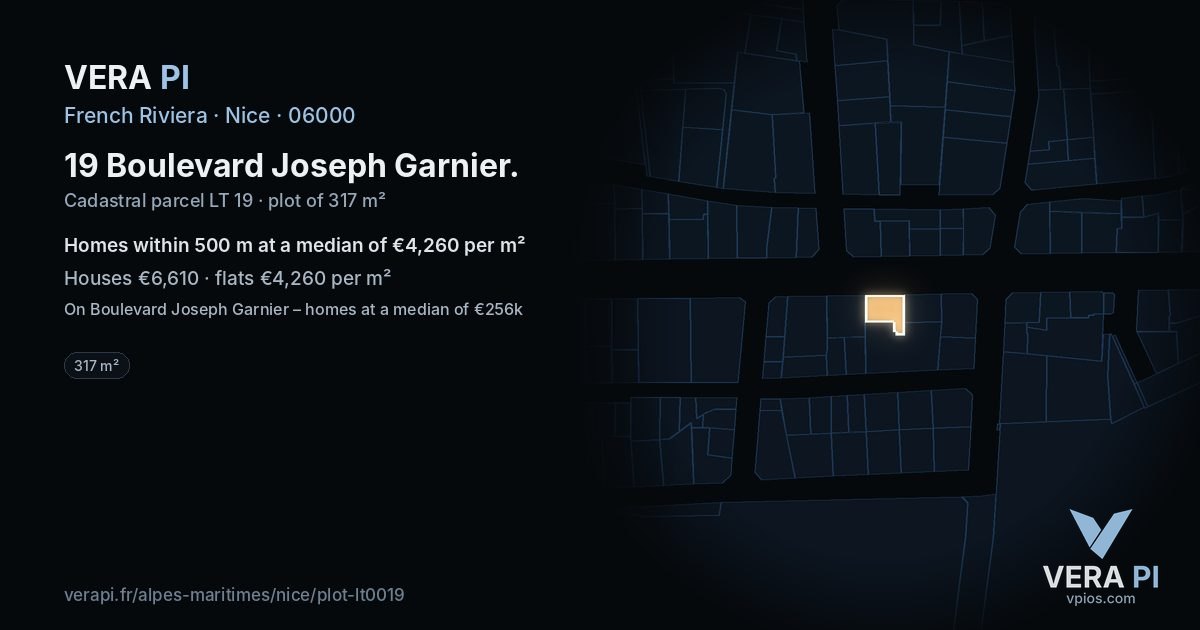 19 Boulevard Joseph Garnier, Nice at night – the plot lit, the parcels around coloured by the prices near them