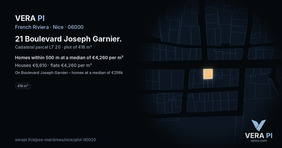 21 Boulevard Joseph Garnier, Nice at night – the plot lit, the parcels around coloured by the prices near them