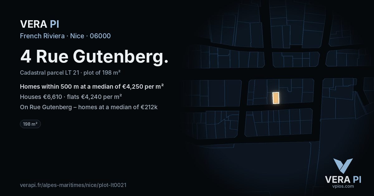 4 Rue Gutenberg, Nice at night – the plot lit, the parcels around coloured by the prices near them