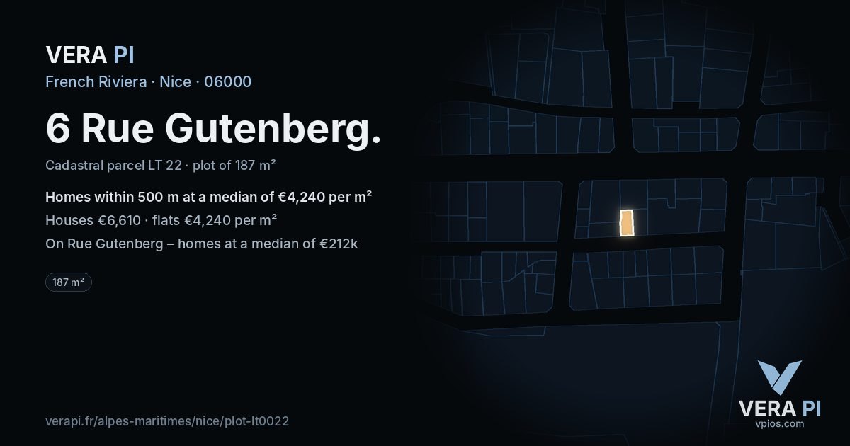 6 Rue Gutenberg, Nice at night – the plot lit, the parcels around coloured by the prices near them