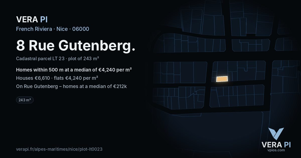 8 Rue Gutenberg, Nice at night – the plot lit, the parcels around coloured by the prices near them