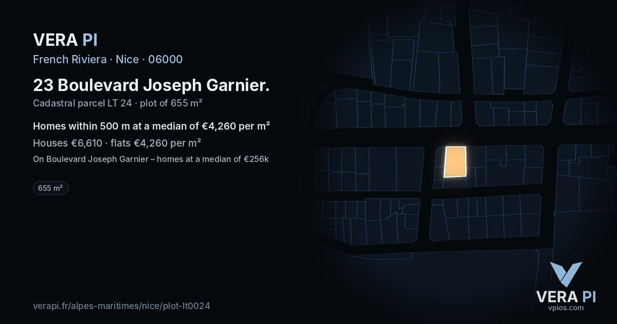23 Boulevard Joseph Garnier, Nice at night – the plot lit, the parcels around coloured by the prices near them