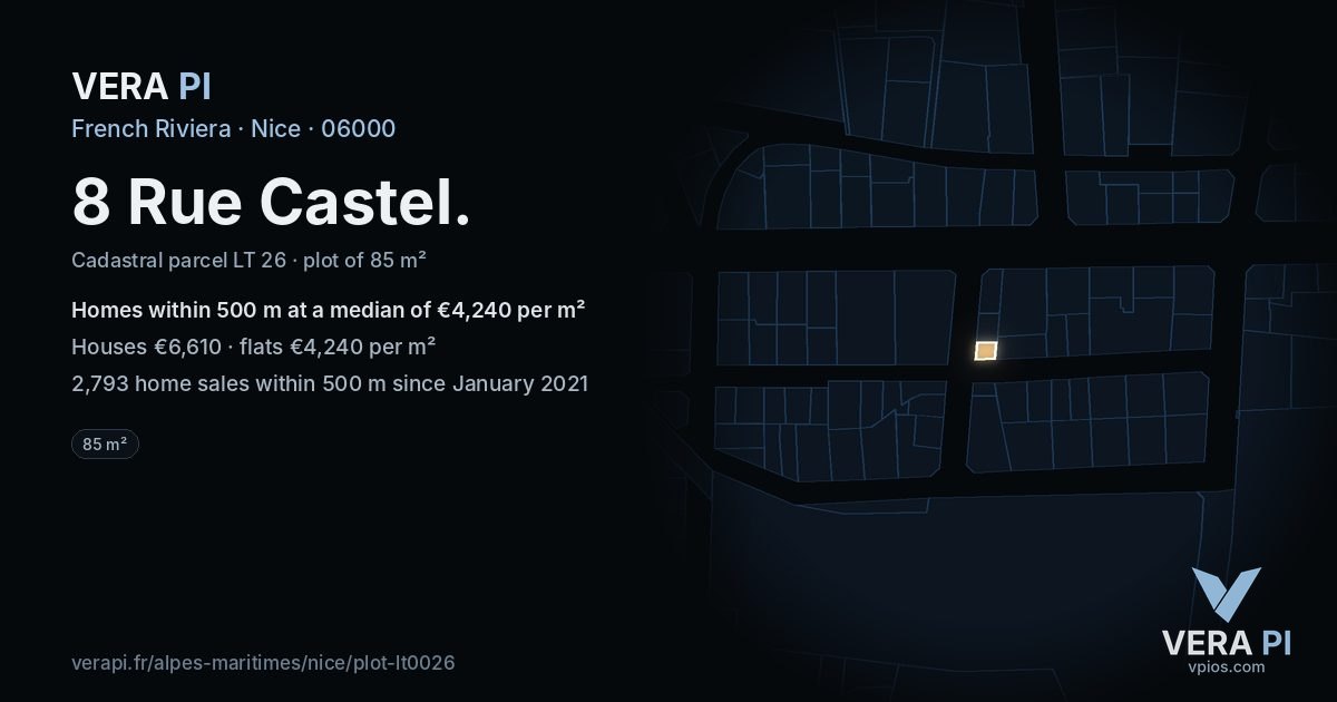 8 Rue Castel, Nice at night – the plot lit, the parcels around coloured by the prices near them