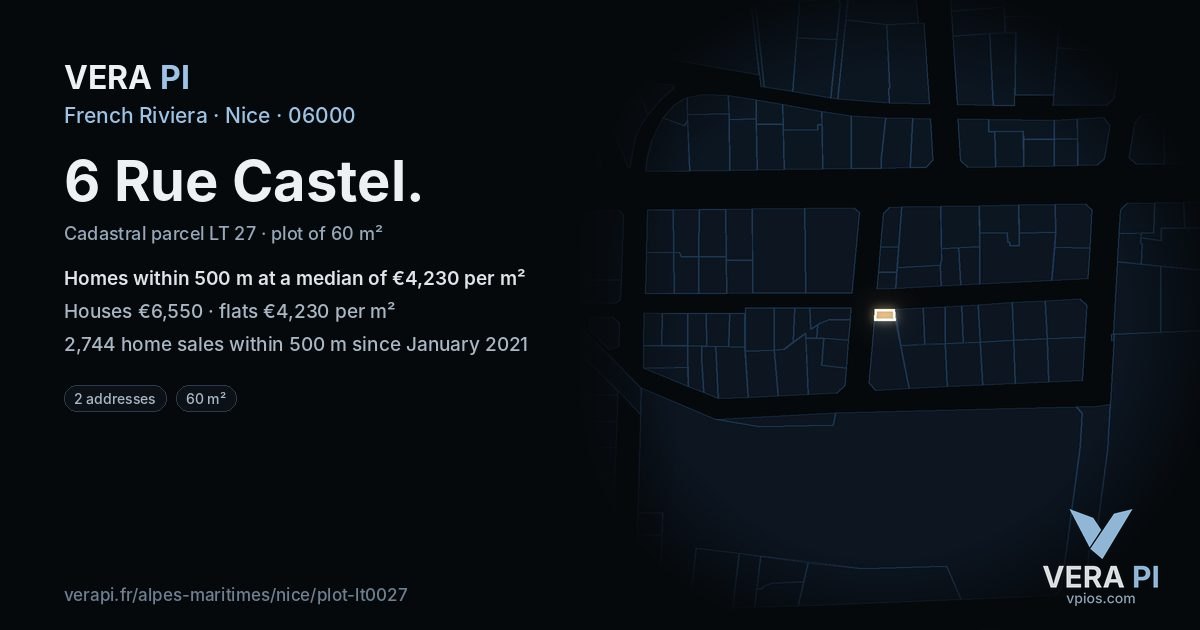 6 Rue Castel, Nice at night – the plot lit, the parcels around coloured by the prices near them