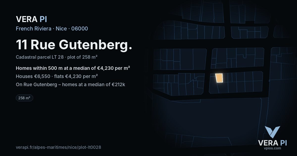 11 Rue Gutenberg, Nice at night – the plot lit, the parcels around coloured by the prices near them