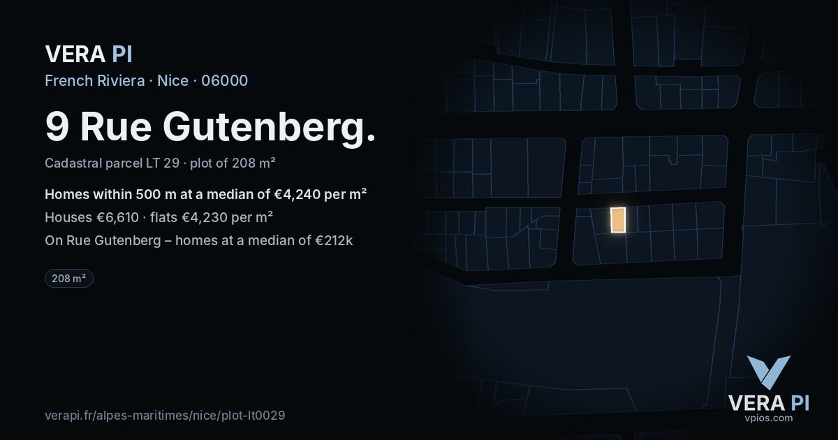 9 Rue Gutenberg, Nice at night – the plot lit, the parcels around coloured by the prices near them