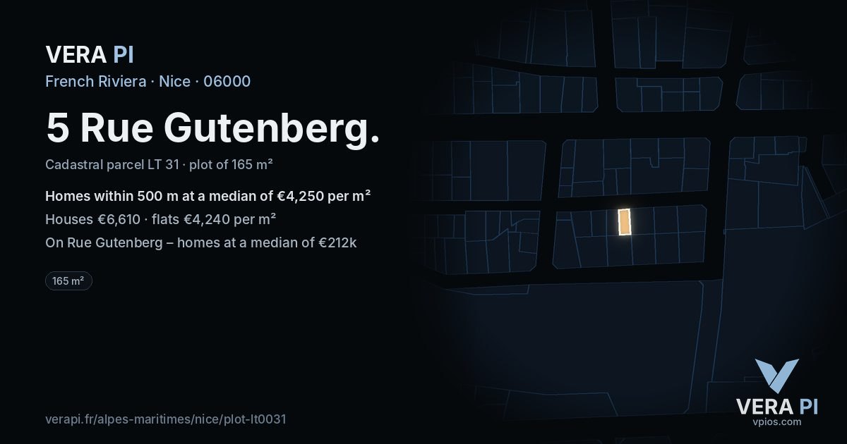 5 Rue Gutenberg, Nice at night – the plot lit, the parcels around coloured by the prices near them
