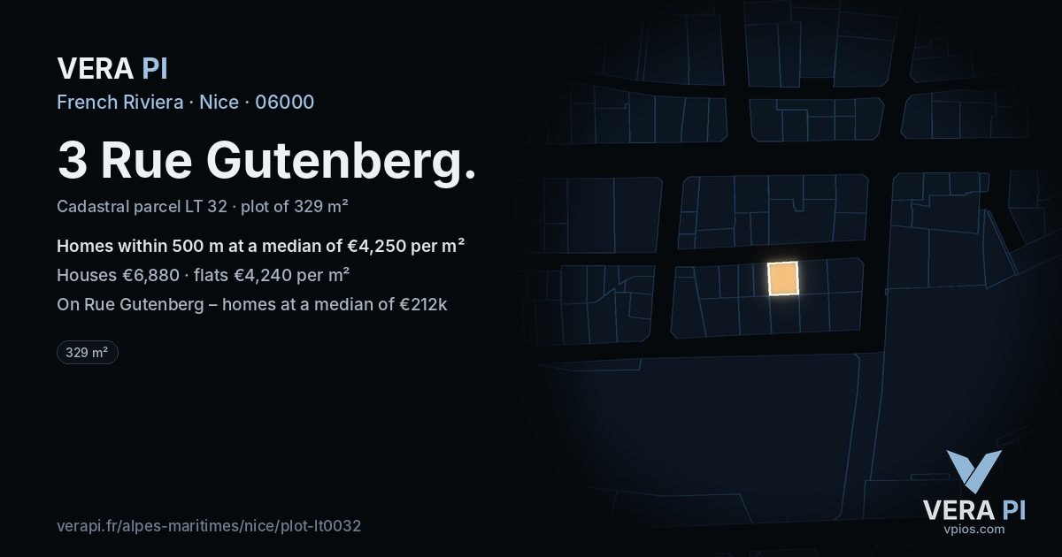 3 Rue Gutenberg, Nice at night – the plot lit, the parcels around coloured by the prices near them