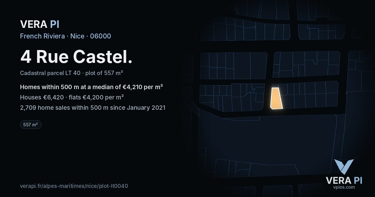 4 Rue Castel, Nice at night – the plot lit, the parcels around coloured by the prices near them