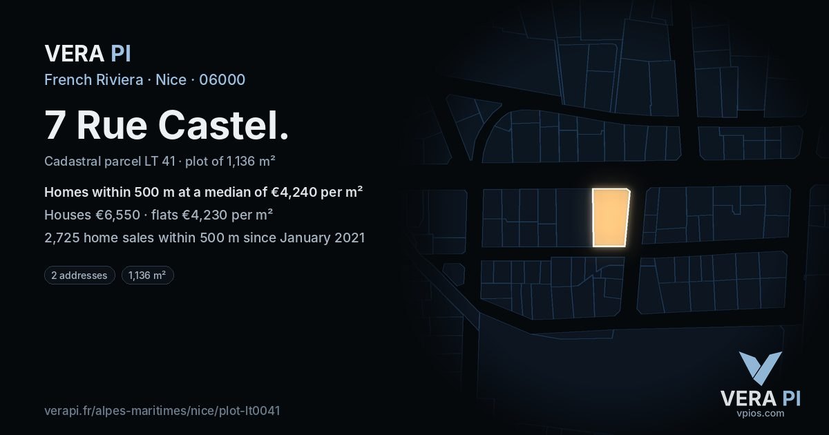 7 Rue Castel, Nice at night – the plot lit, the parcels around coloured by the prices near them