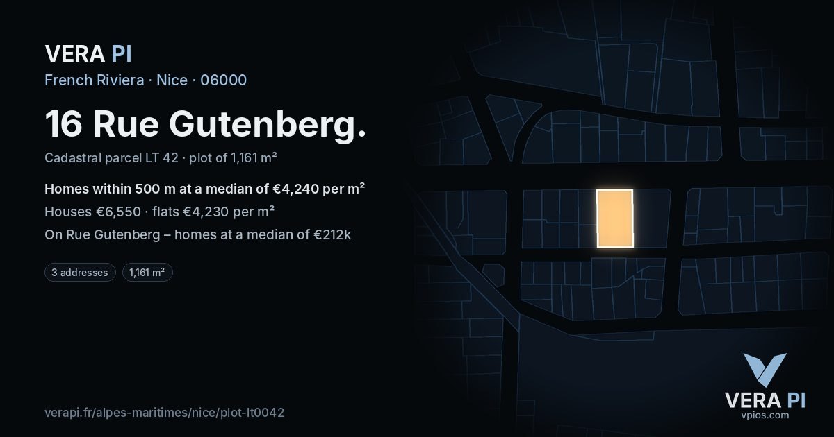 16 Rue Gutenberg, Nice at night – the plot lit, the parcels around coloured by the prices near them