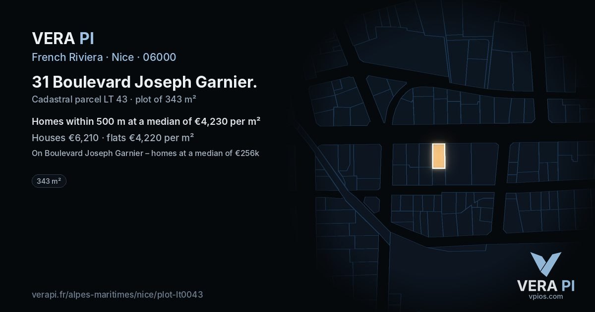 31 Boulevard Joseph Garnier, Nice at night – the plot lit, the parcels around coloured by the prices near them