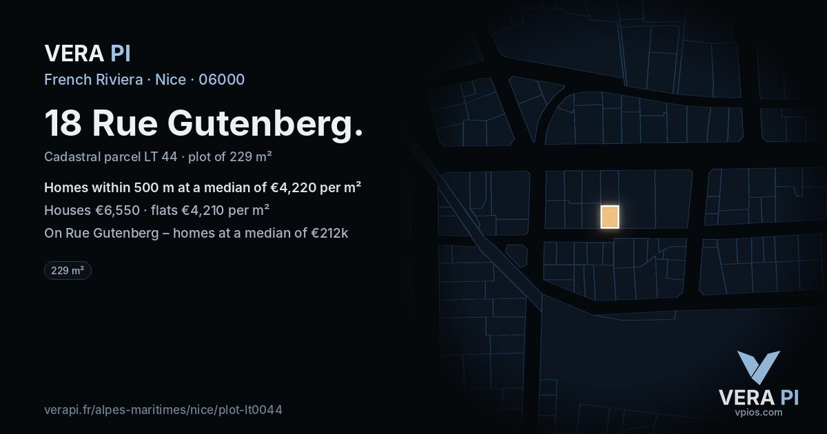 18 Rue Gutenberg, Nice at night – the plot lit, the parcels around coloured by the prices near them
