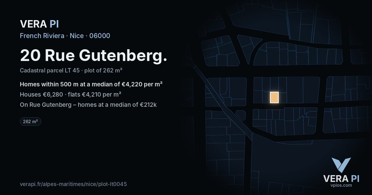 20 Rue Gutenberg, Nice at night – the plot lit, the parcels around coloured by the prices near them