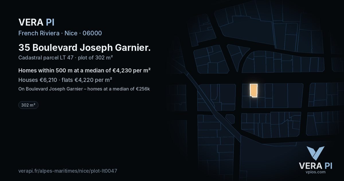35 Boulevard Joseph Garnier, Nice at night – the plot lit, the parcels around coloured by the prices near them