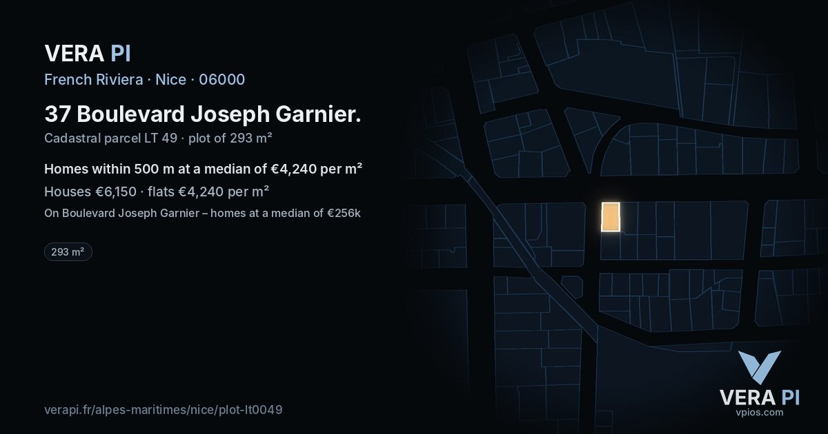 37 Boulevard Joseph Garnier, Nice at night – the plot lit, the parcels around coloured by the prices near them